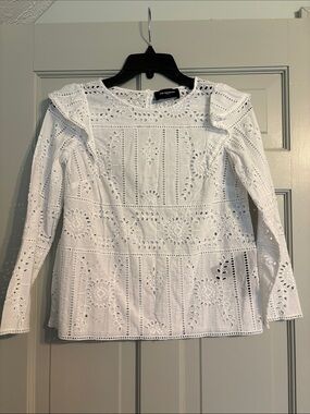 The Kooples Paris 0 White Eyelet Ruffle Shoulder Long Sleeve  Cotton Blouse